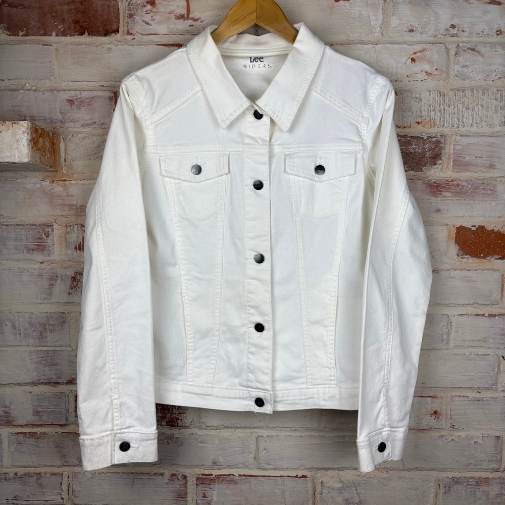 Lee Riders White Denim Trucker Jacket Women L Classic Stretch Coastal Minimalist